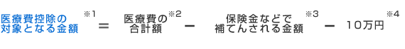 医療費控除の対象となる金額=医療費の合計額-保険金などで補てんされる金額-10万円